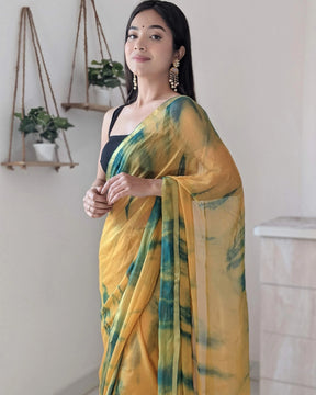 Sunset-Inspired Shibori Chiffon Saree in Orange and Deep Green