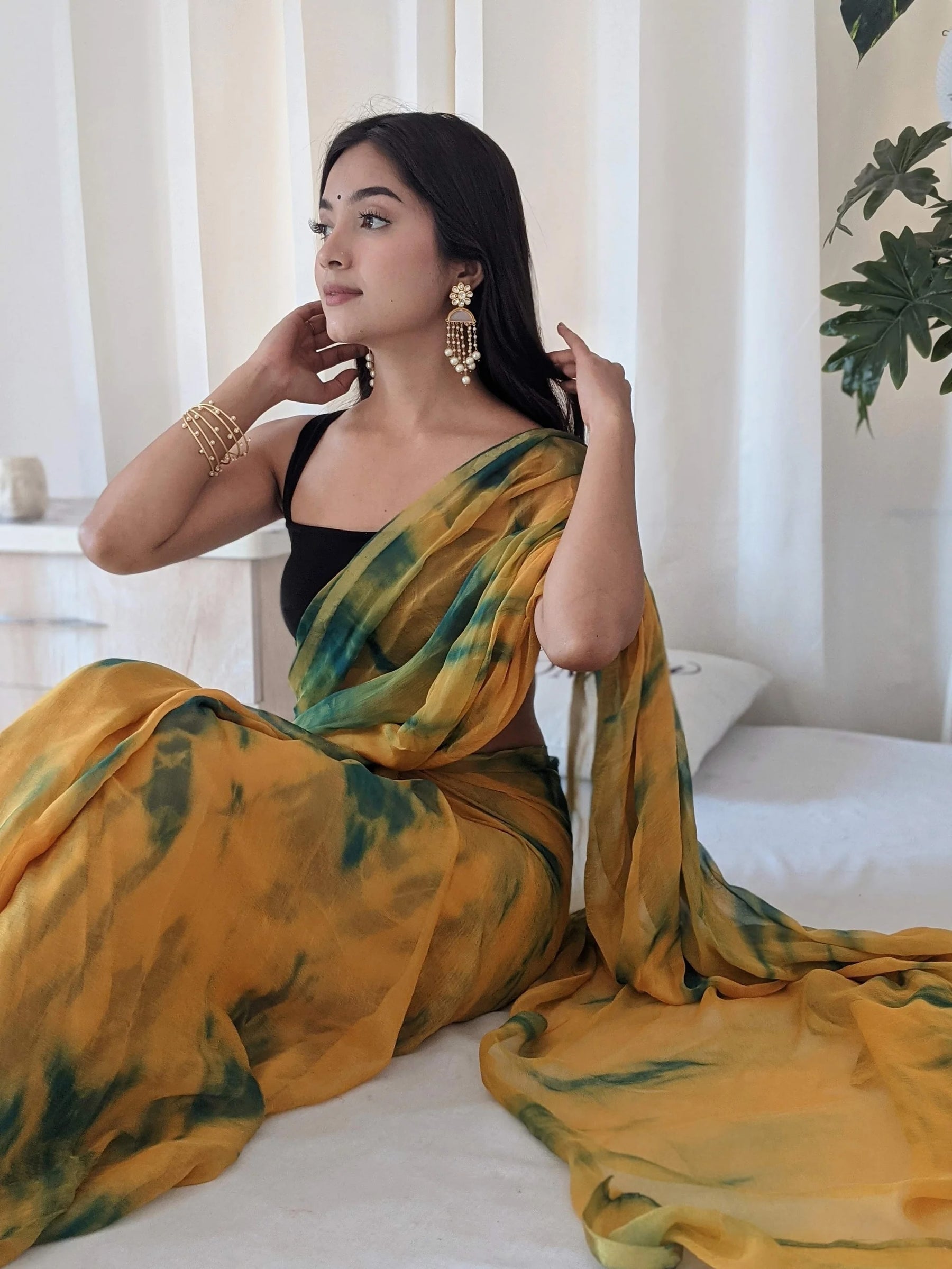 Sunset-Inspired Shibori Chiffon Saree in Orange and Deep Green