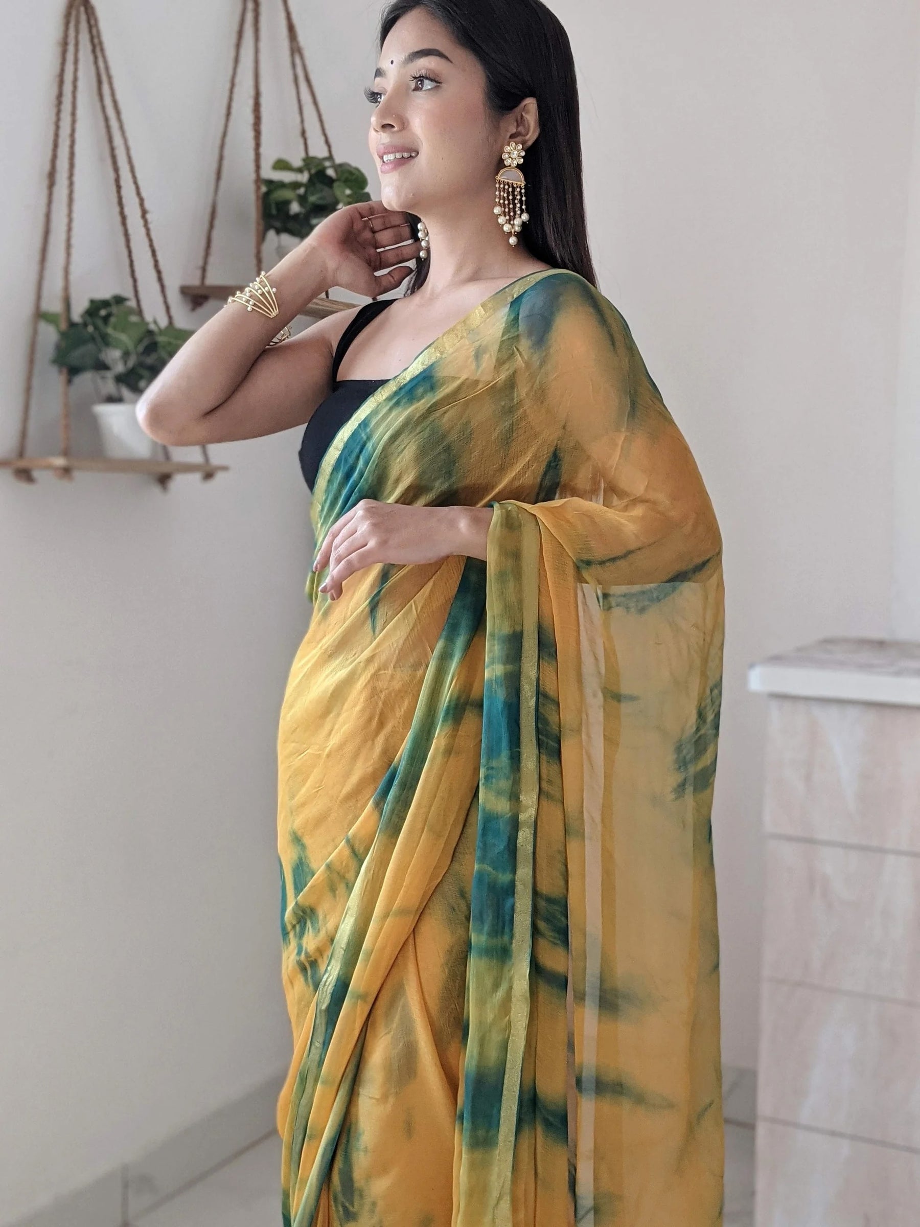 Sunset-Inspired Shibori Chiffon Saree in Orange and Deep Green