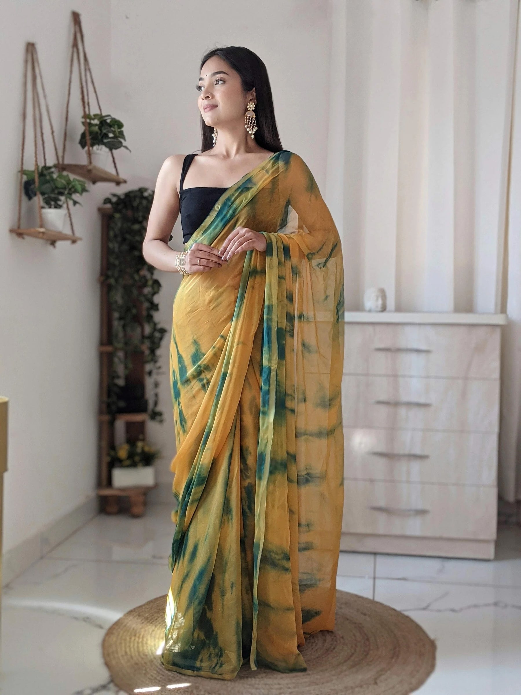 Sunset-Inspired Shibori Chiffon Saree in Orange and Deep Green