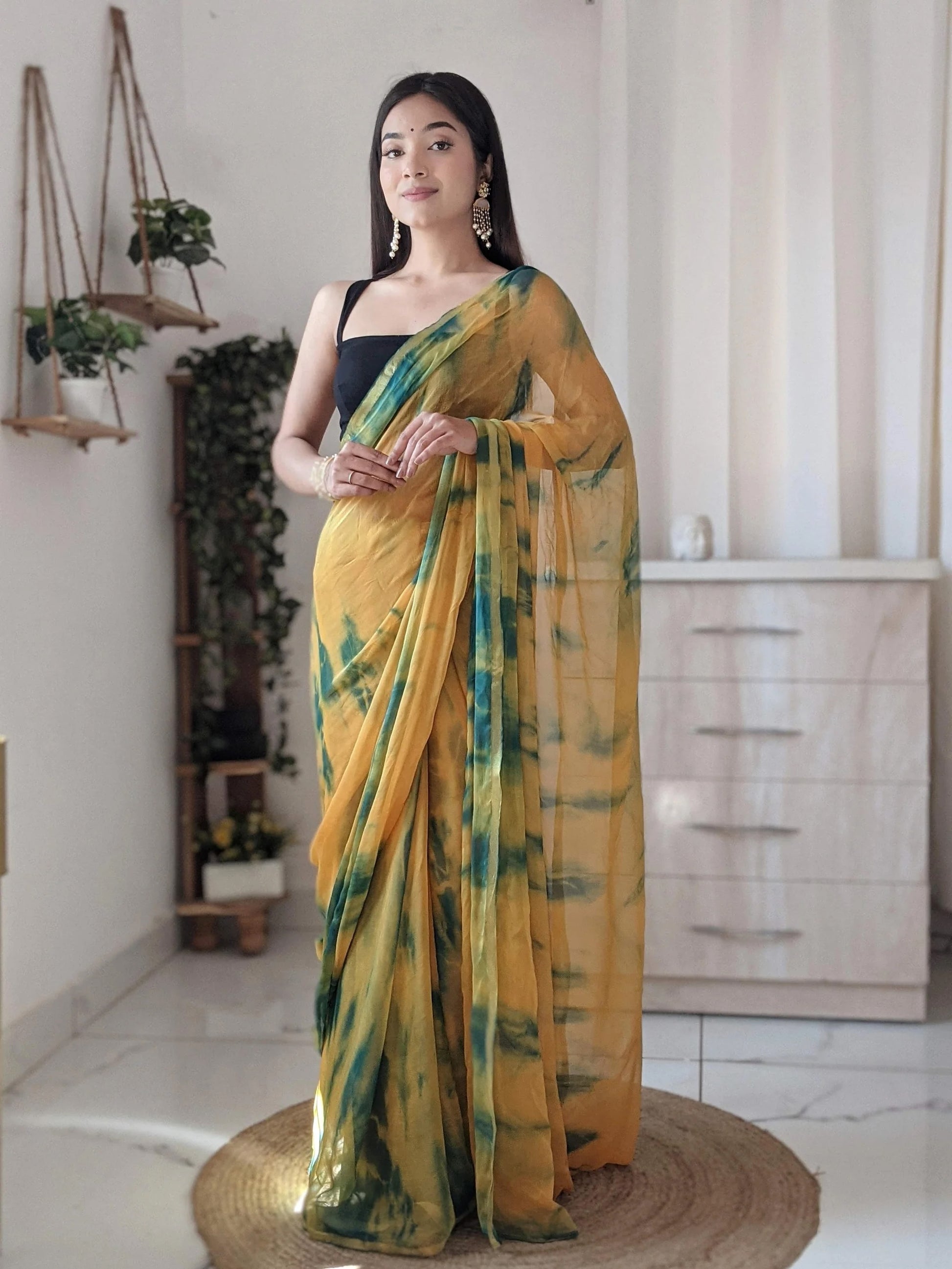 Sunset-Inspired Shibori Chiffon Saree in Orange and Deep Green