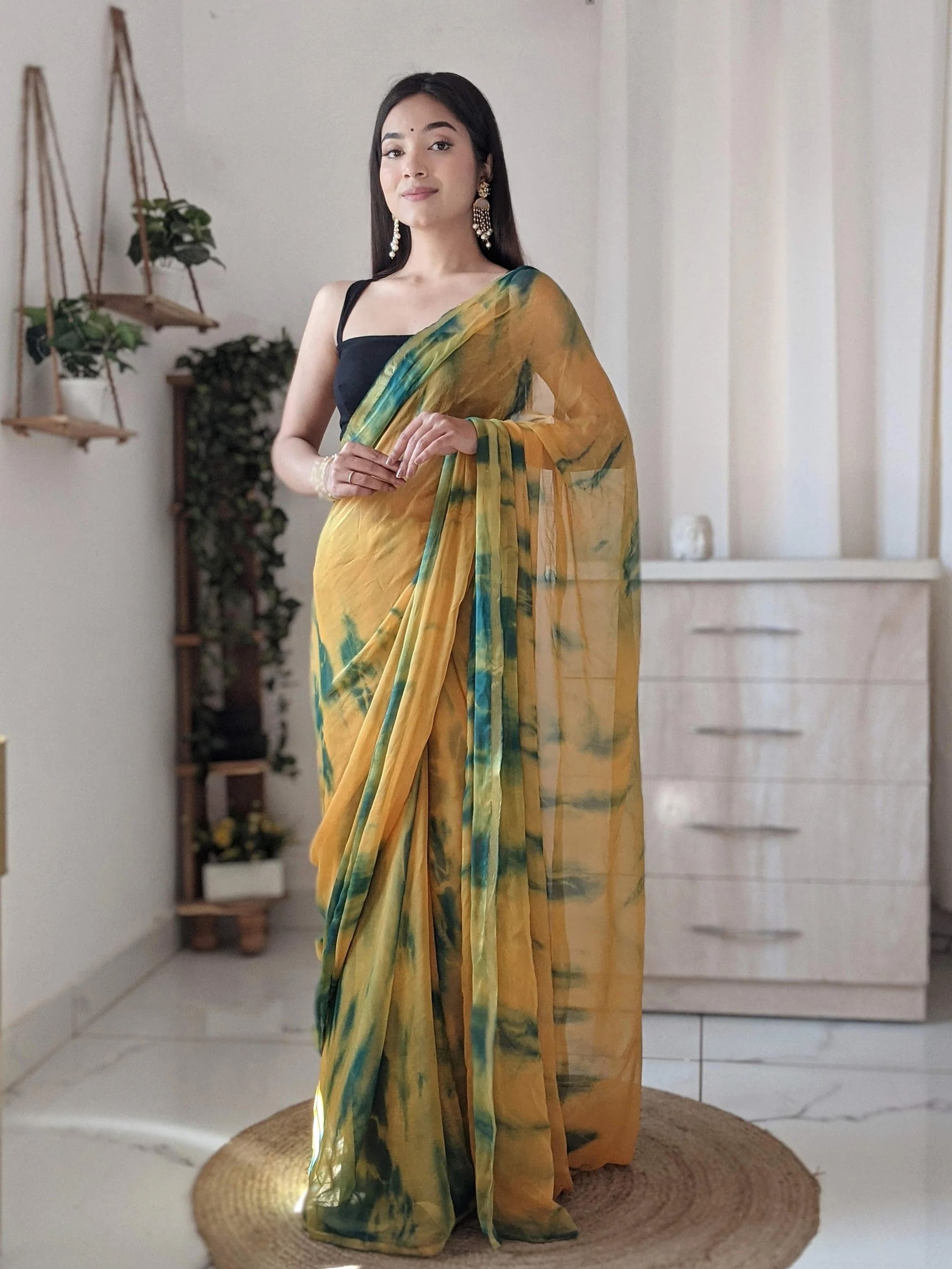 Sunset-Inspired Shibori Chiffon Saree in Orange and Deep Green