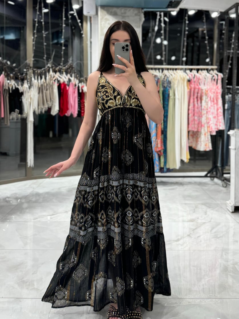 Vina Black Long Dress with Sequin Embroidery and Glitter