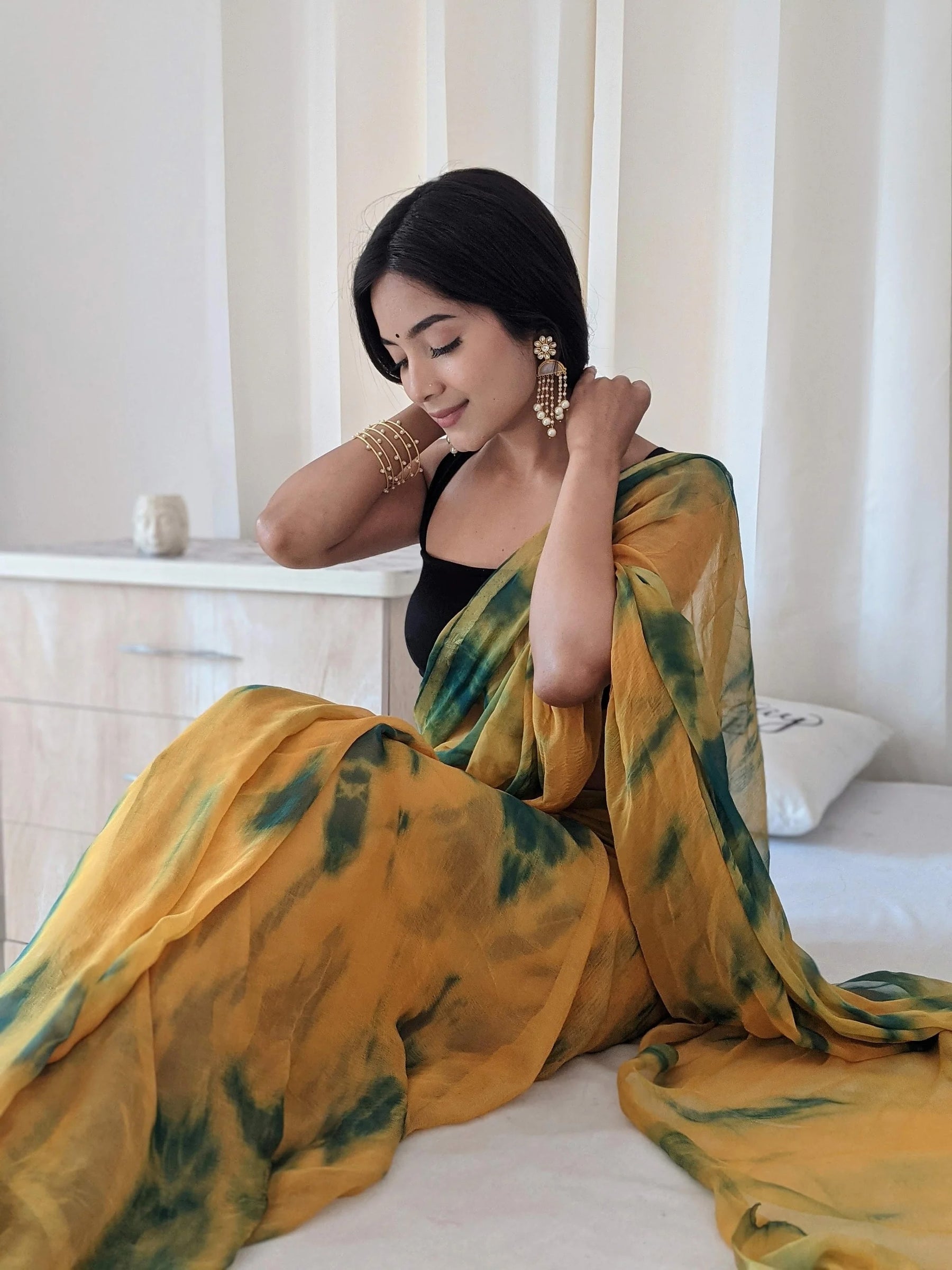 Sunset-Inspired Shibori Chiffon Saree in Orange and Deep Green