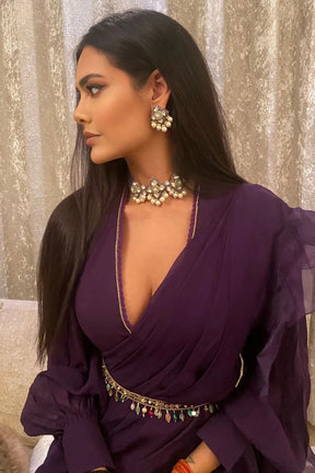 Esha Gupta in Purple Georgette Ruffled Saree with Exaggerated Sleeves Blouse