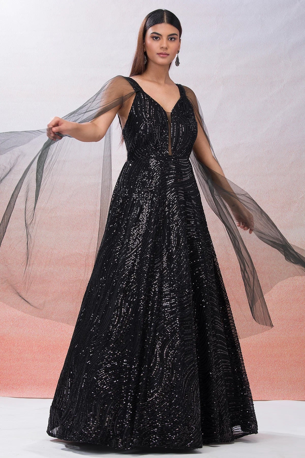 Black Sequins Embroidered Net Evening Gown for Elegant Evenings