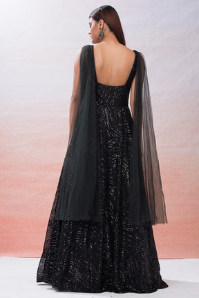 Black Sequins Embroidered Net Evening Gown for Elegant Evenings