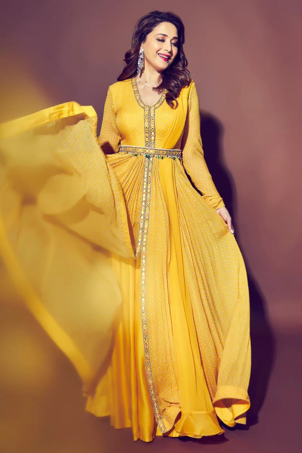 Madhuri Dixit in Yellow Chiffon Folk Printed Anarkali