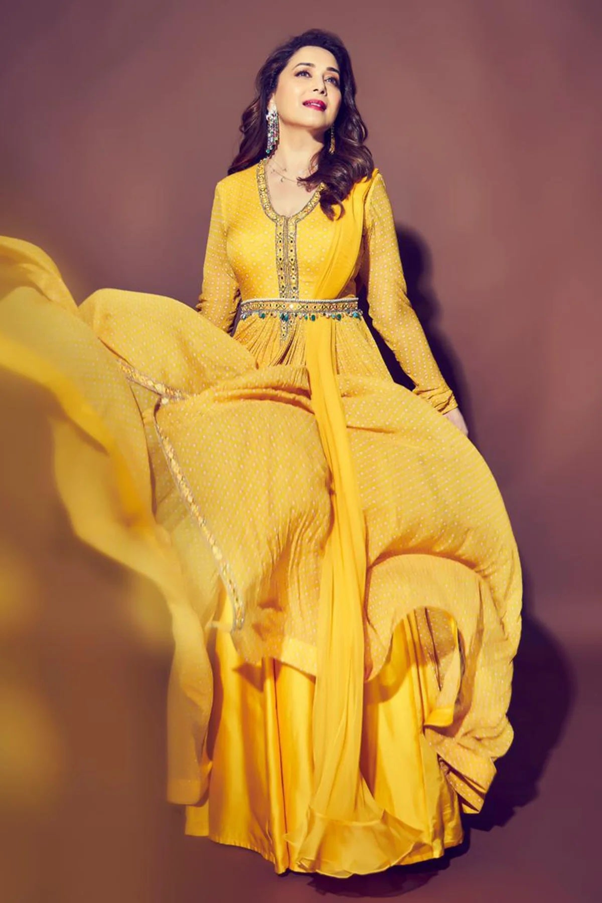 Madhuri Dixit in Yellow Chiffon Folk Printed Anarkali