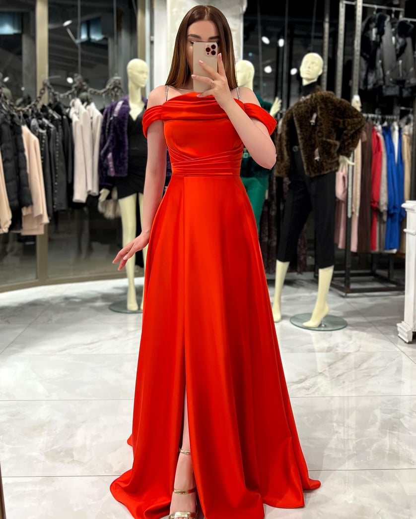 Fiona Red Satin Evening Dress with Stone Straps