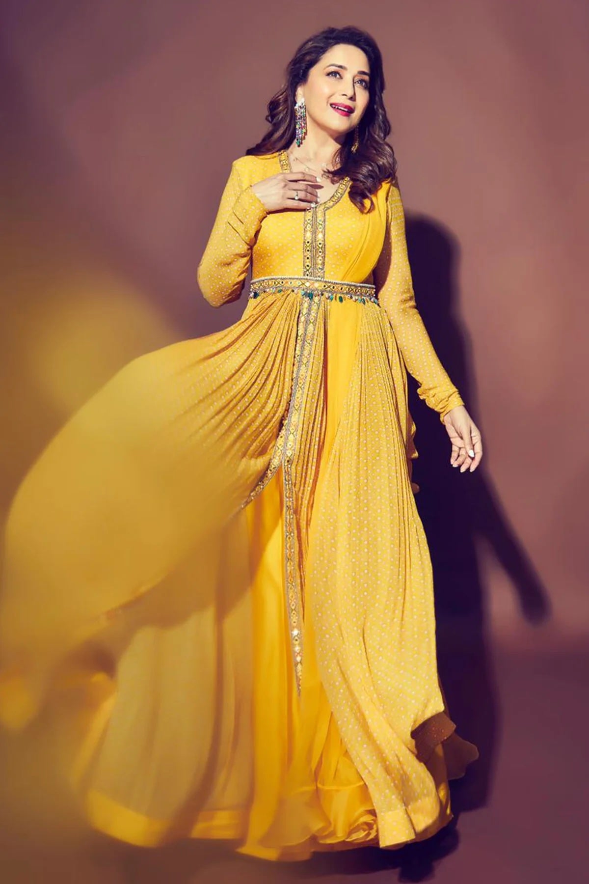 Madhuri Dixit in Yellow Chiffon Folk Printed Anarkali