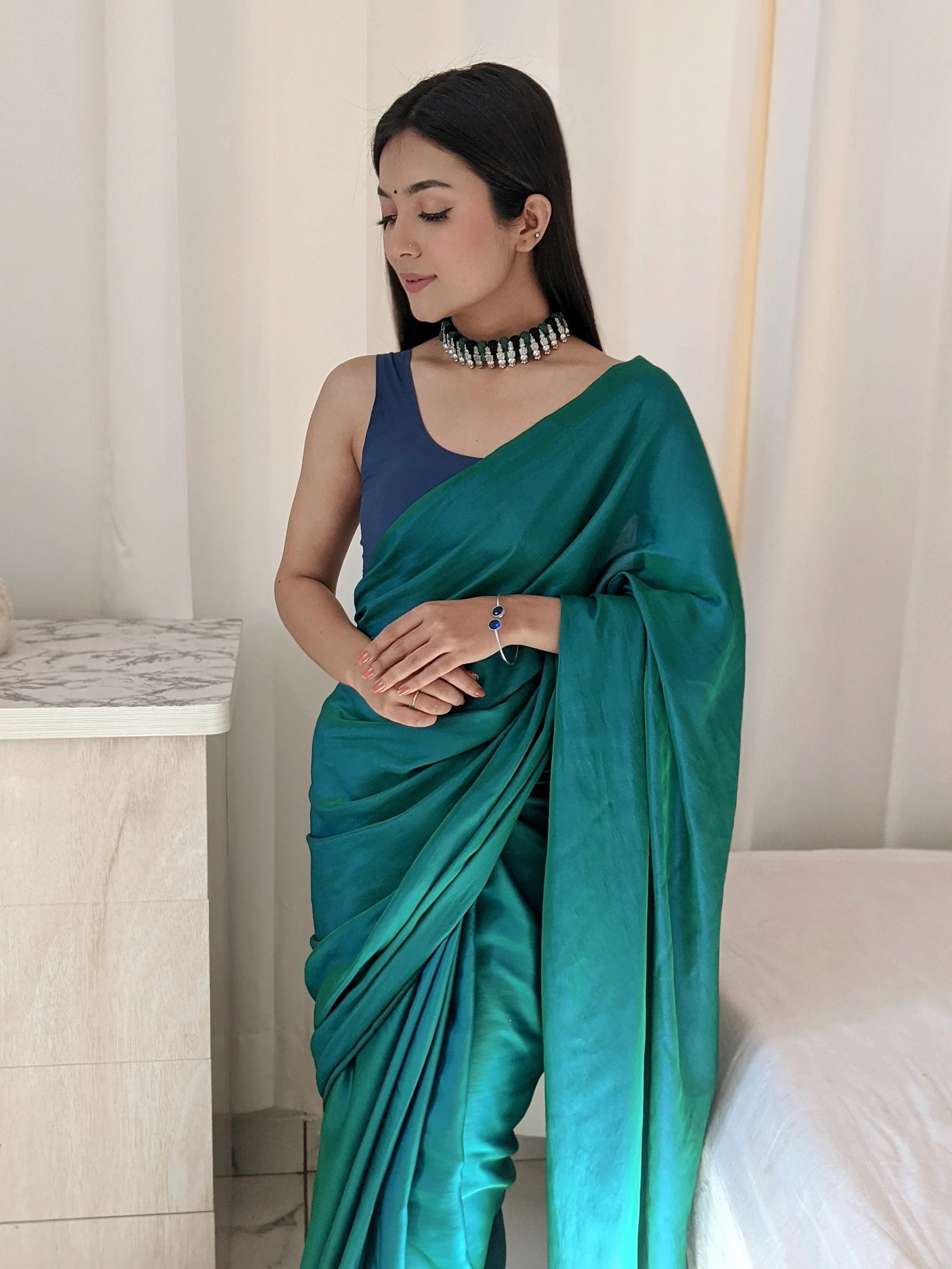 Dual Tone Silk Saree in Teal Green and Blue