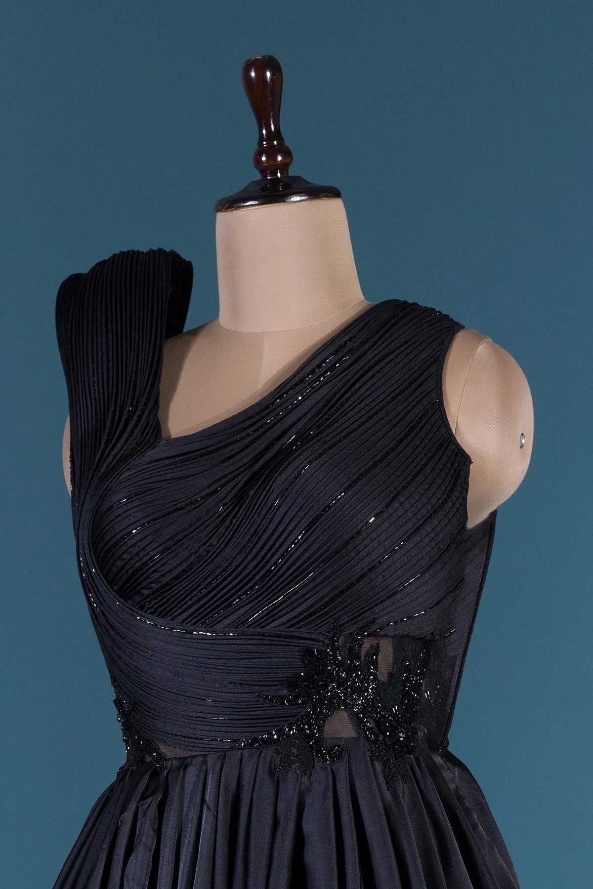 Black Sequins Embroidered Satin Cocktail Gown