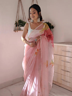 Pink Organza Saree with Beaded Lace and Silver Sequins