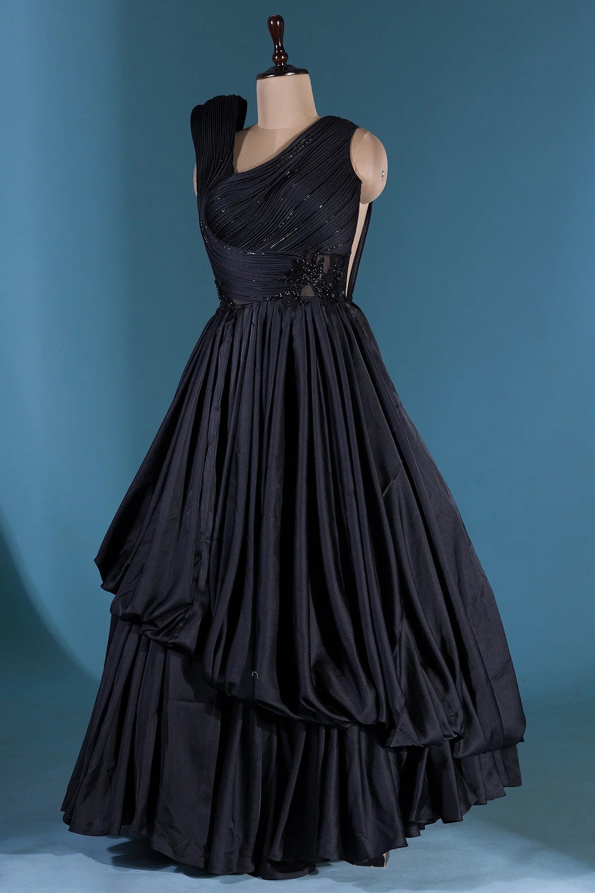 Black Sequins Embroidered Satin Cocktail Gown