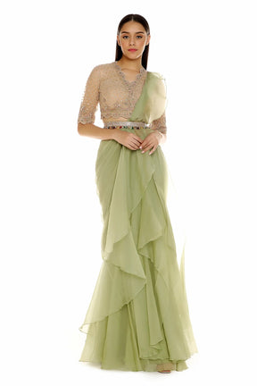 Alaya in Champagne Green Apple Chiffon-Organza Draped Ruffle Saree