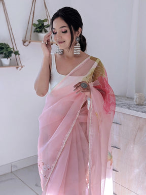 Pink Organza Saree with Beaded Lace and Silver Sequins