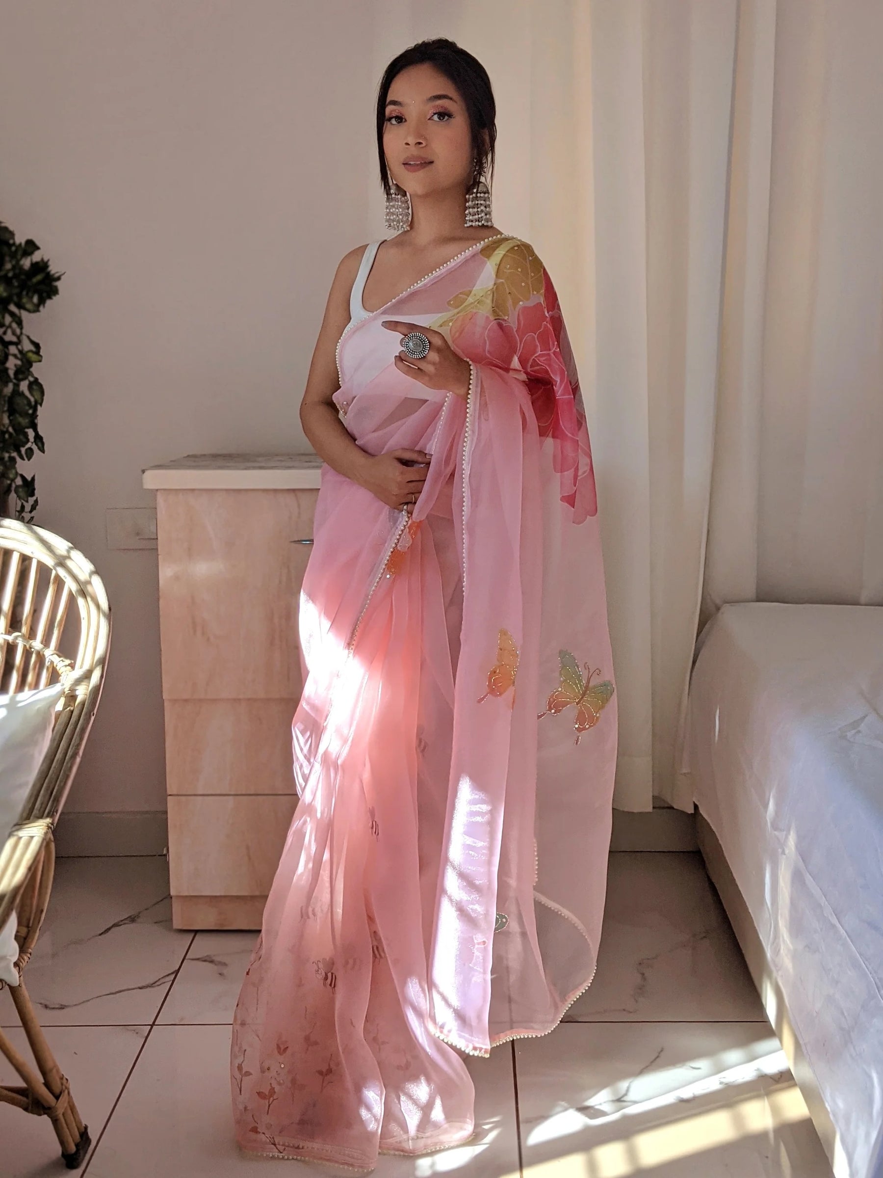 Pink Organza Saree with Beaded Lace and Silver Sequins