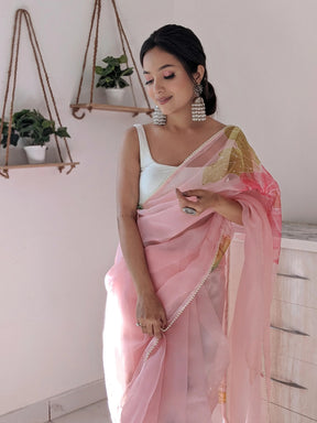 Pink Organza Saree with Beaded Lace and Silver Sequins