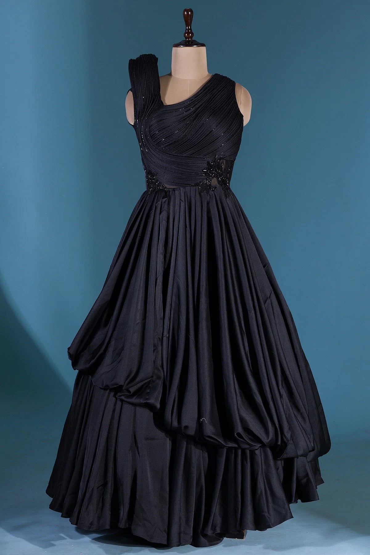 Black Sequins Embroidered Satin Cocktail Gown