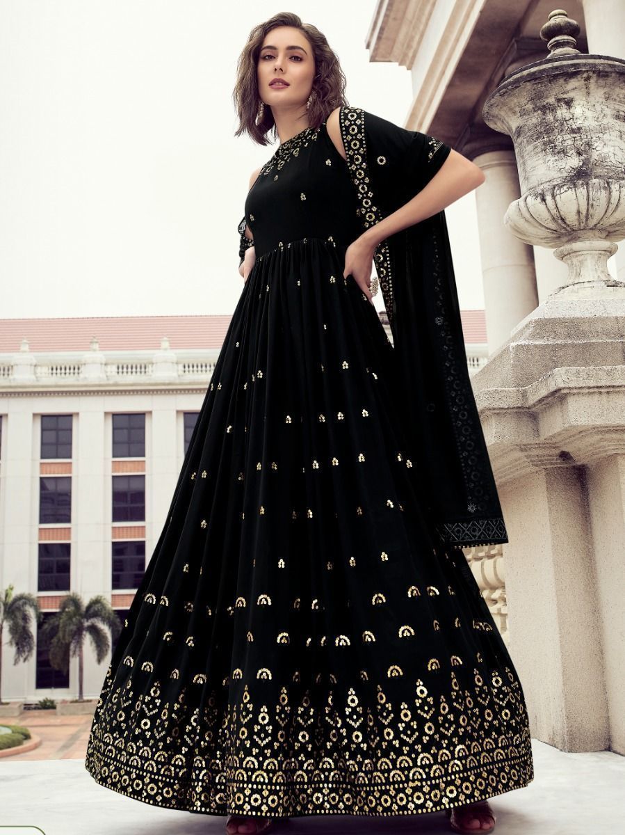 Glamorous Black Sequins Embroidered Festive Wear Gown