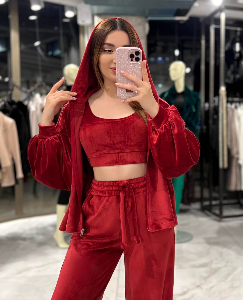 Sandara Burgundy 3 Piece Velvet Set