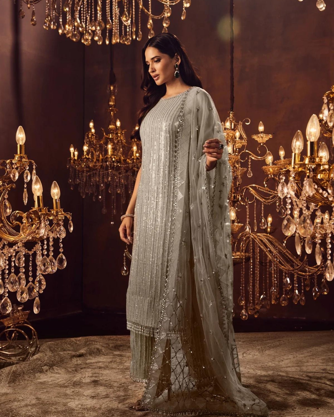 Steel Grey Sequins Suit Set | Elegant and Modern Ethnic Wear