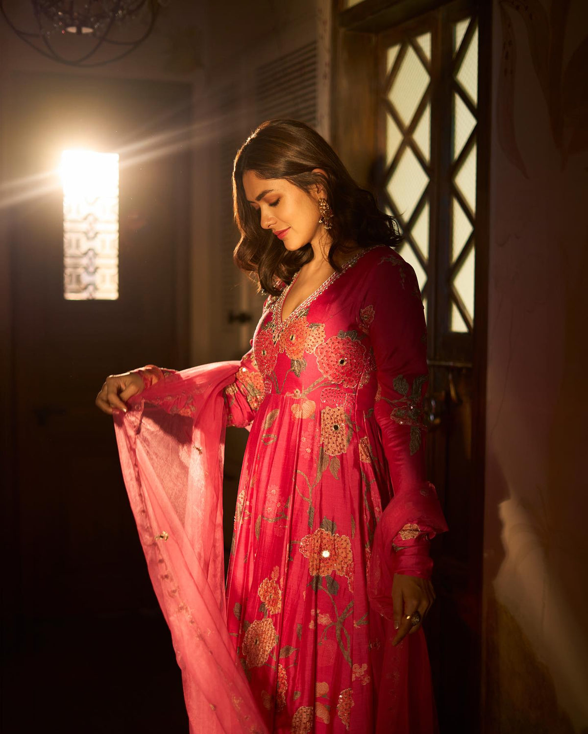 Mrunal Thakur - Pink Anarkali Chiniya Silk Blooming Floral V-Neck with Dupatta