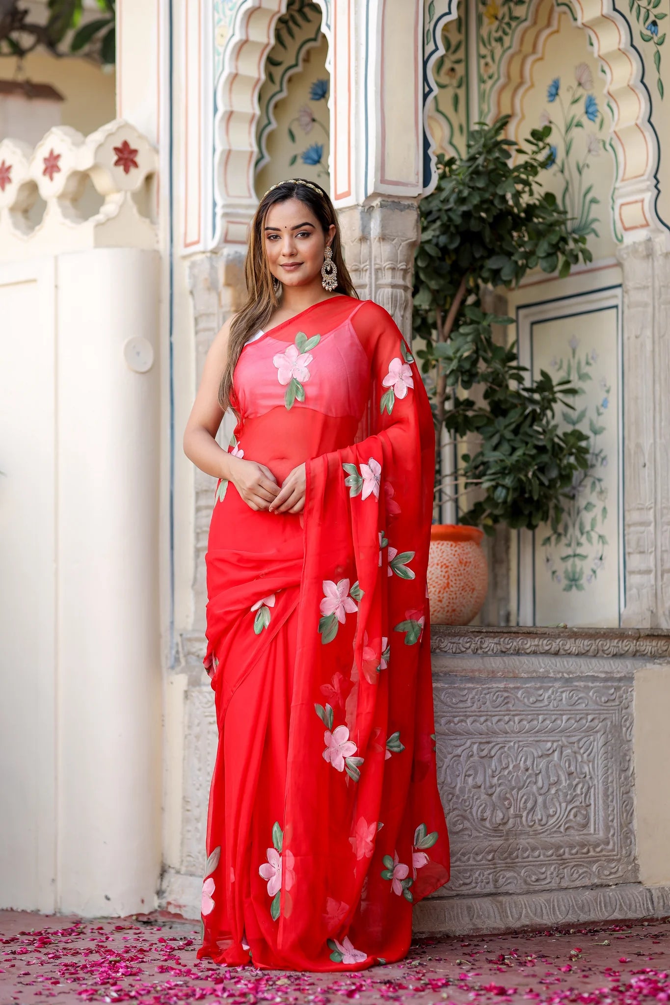 Scarlet Artistry Bold Scarlet Red Chiffon Saree for Special Occasions