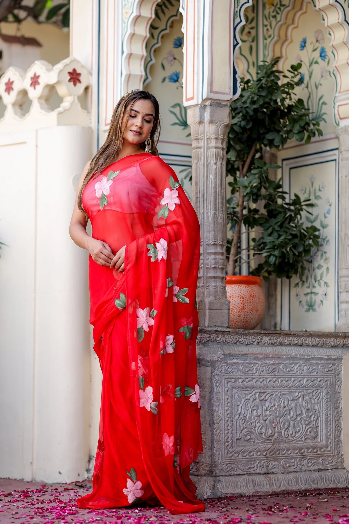 Scarlet Artistry Bold Scarlet Red Chiffon Saree for Special Occasions