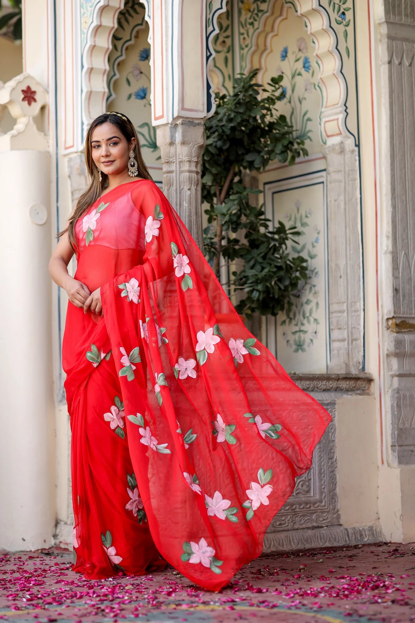 Scarlet Artistry Bold Scarlet Red Chiffon Saree for Special Occasions