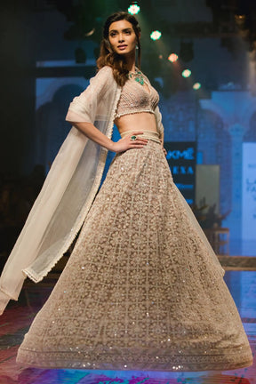 Diana Penty in Champagne and Ivory Embroidered Lehenga with Organza Dupatta