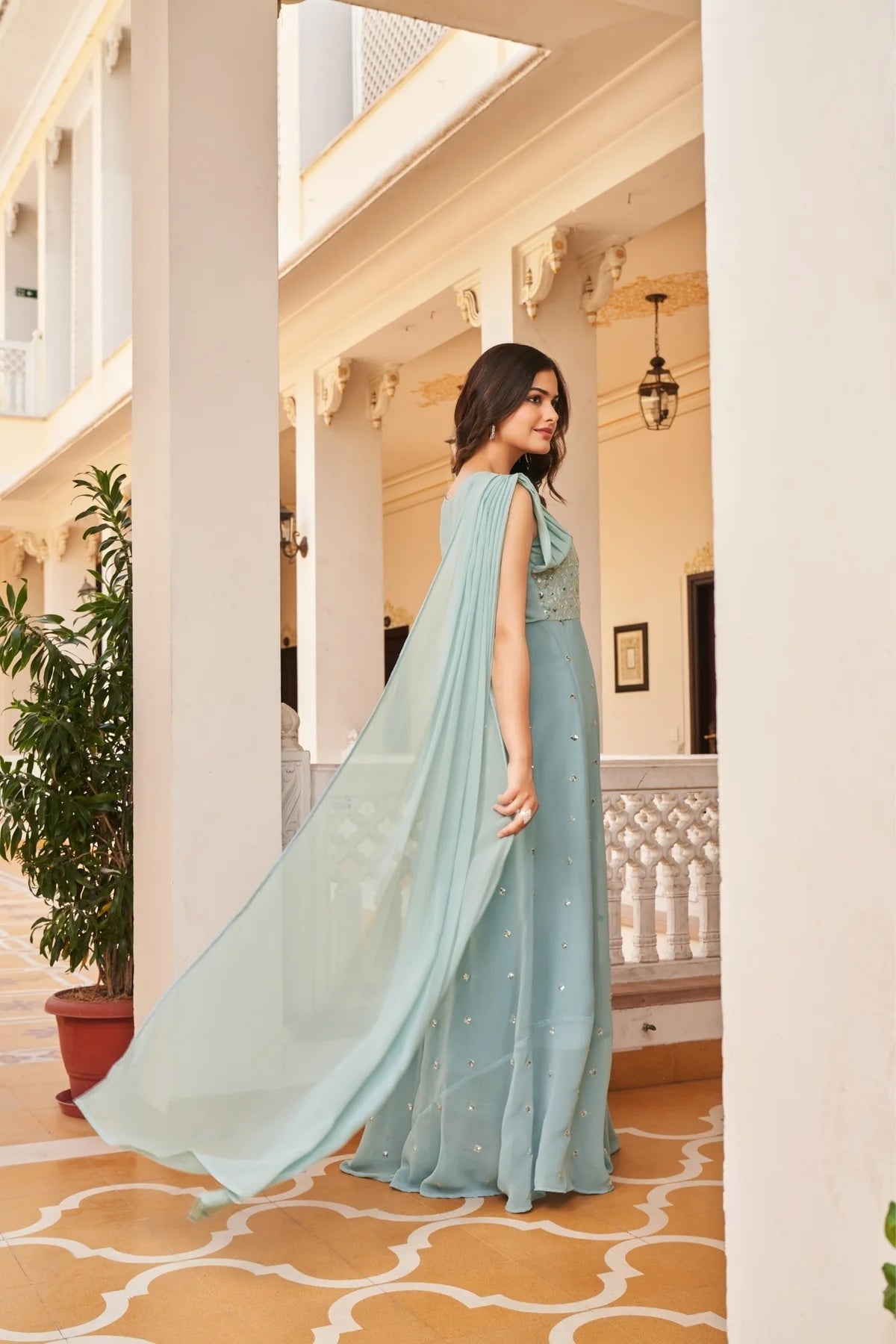 Georgette Embroidered Buti Gown Dress Elegant Fusion of Tradition