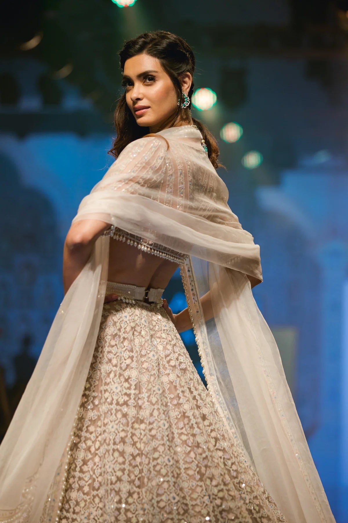 Diana Penty in Champagne and Ivory Embroidered Lehenga with Organza Dupatta