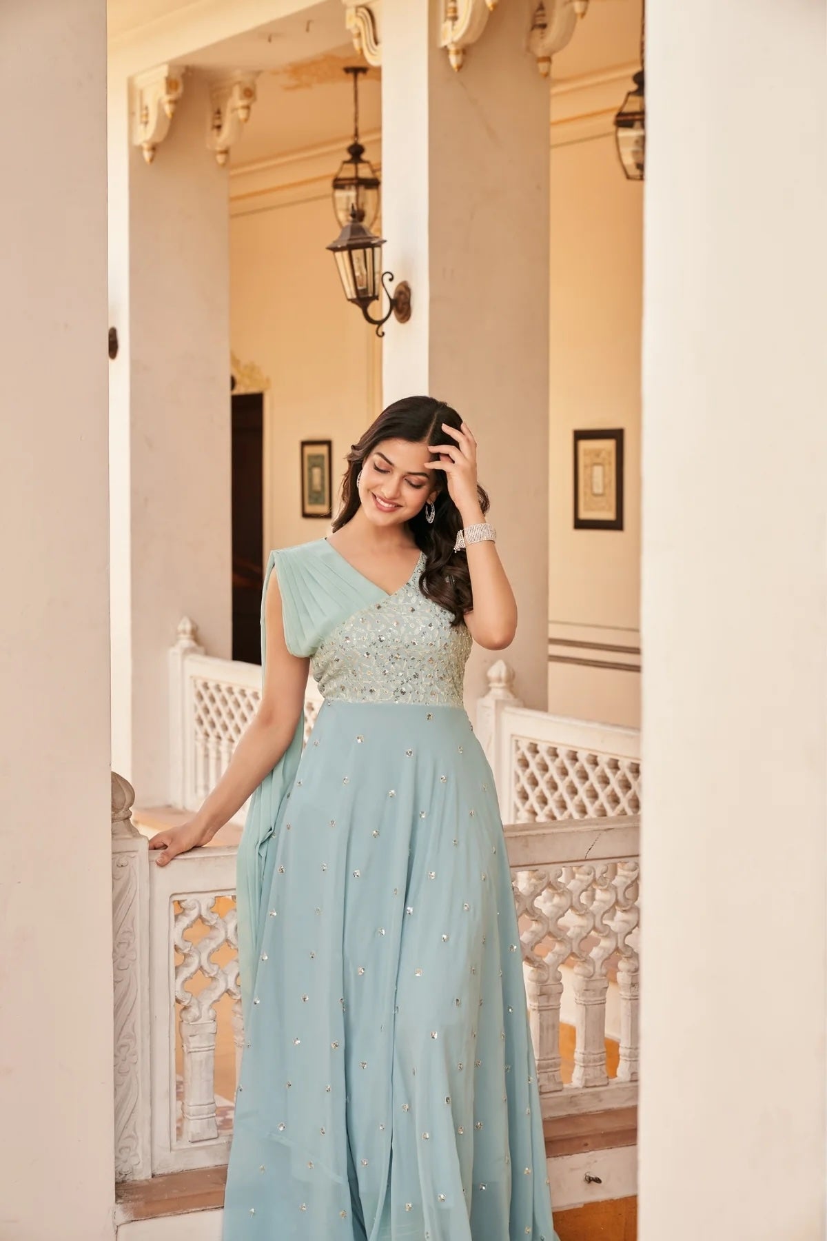 Georgette Embroidered Buti Gown Dress Elegant Fusion of Tradition