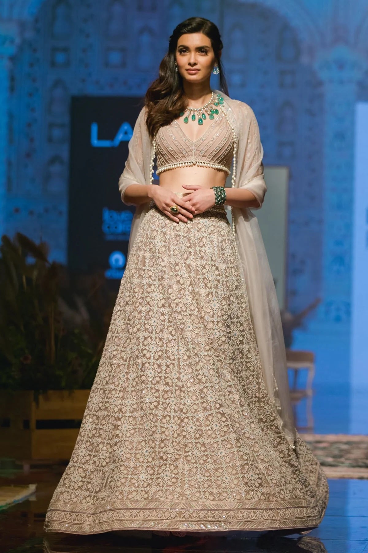 Diana Penty in Champagne and Ivory Embroidered Lehenga with Organza Dupatta