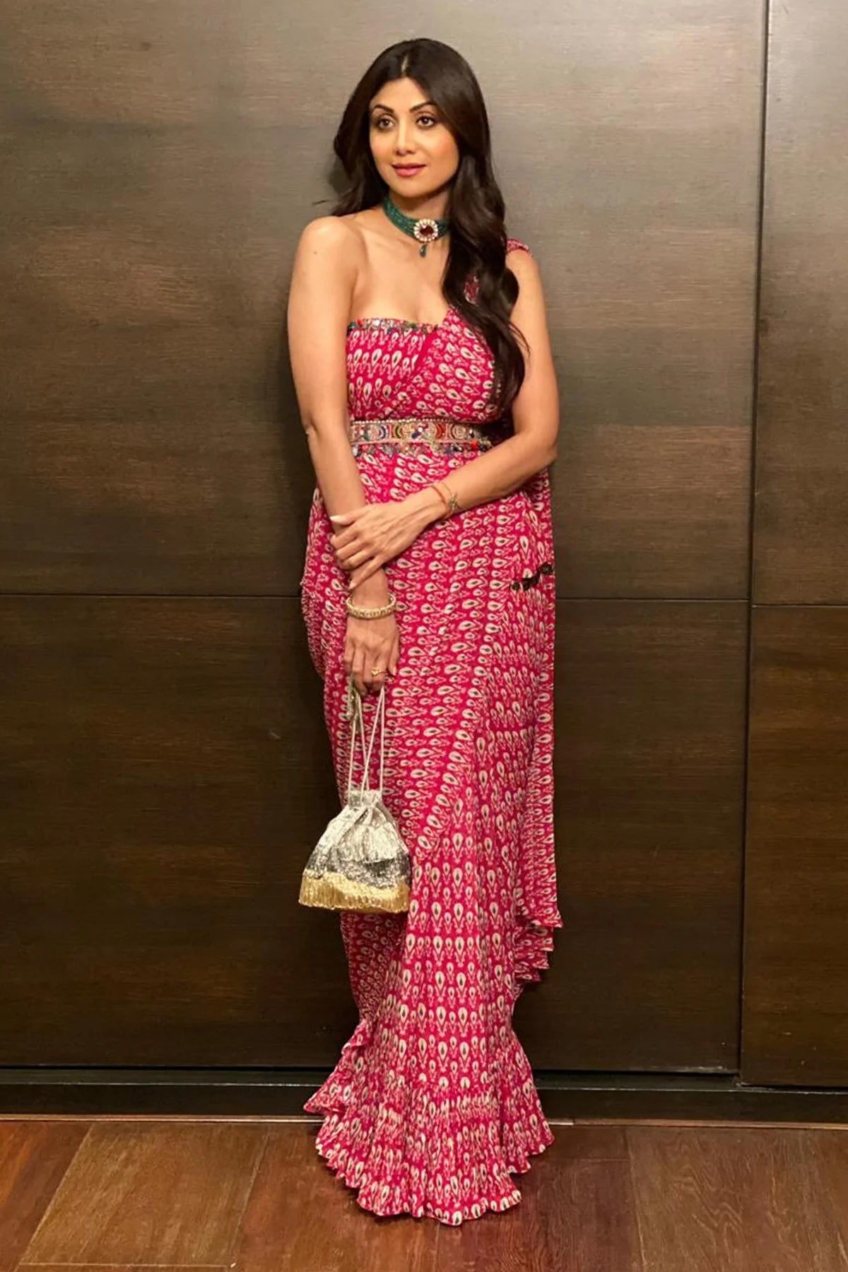 Shilpa Shetty in Printed Tube Saree with Embellished Belt