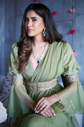 Alisha Pekha in Apple Green Chiffon-Organza Ruffle Saree with Belt