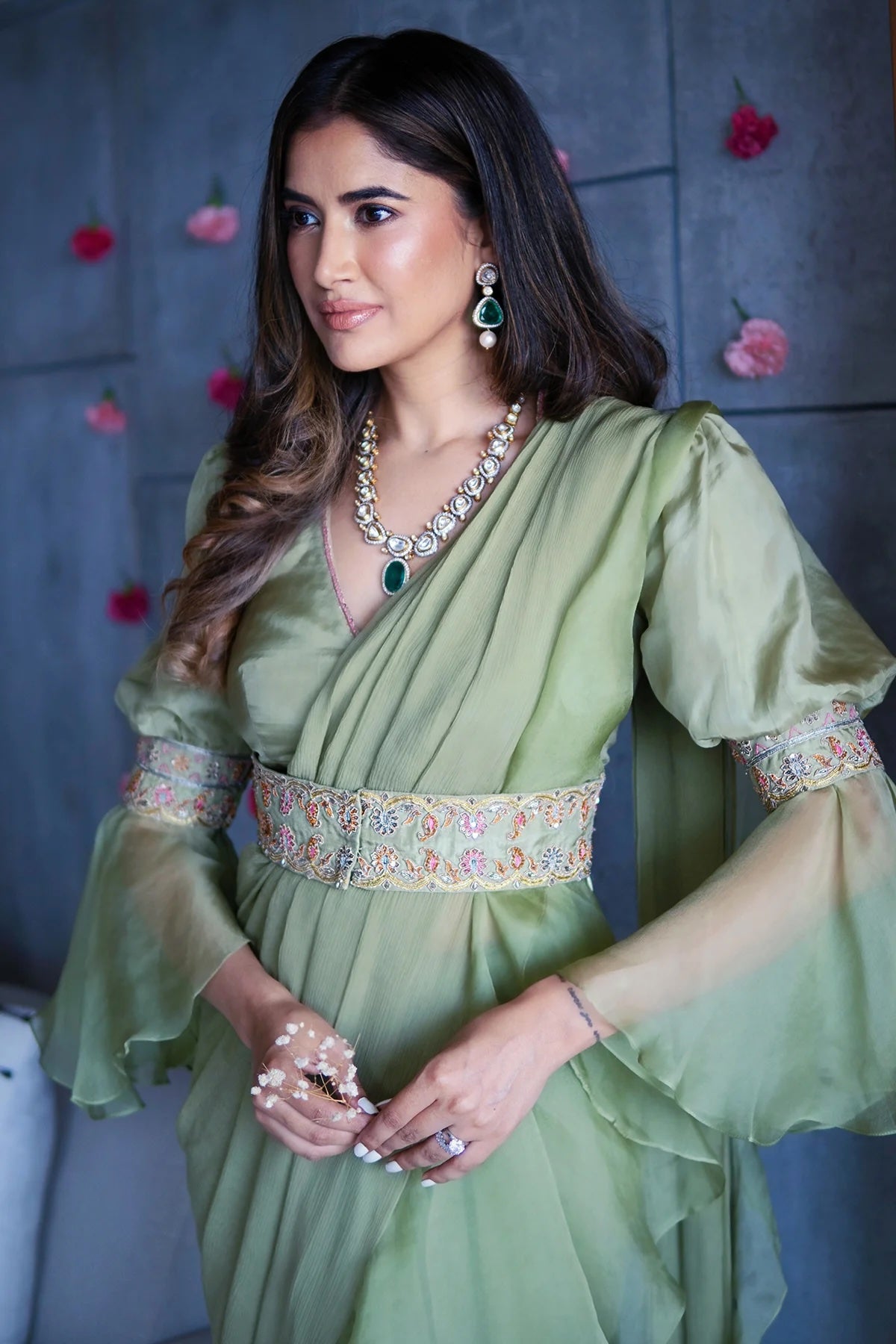 Alisha Pekha in Apple Green Chiffon-Organza Ruffle Saree with Belt