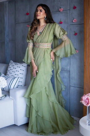 Alisha Pekha in Apple Green Chiffon-Organza Ruffle Saree with Belt