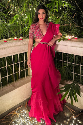 Diana Penty in Deep Fuchsia Raw Silk & Chiffon-Organza Ruffle Saree