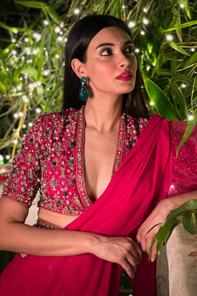 Diana Penty in Deep Fuchsia Raw Silk & Chiffon-Organza Ruffle Saree