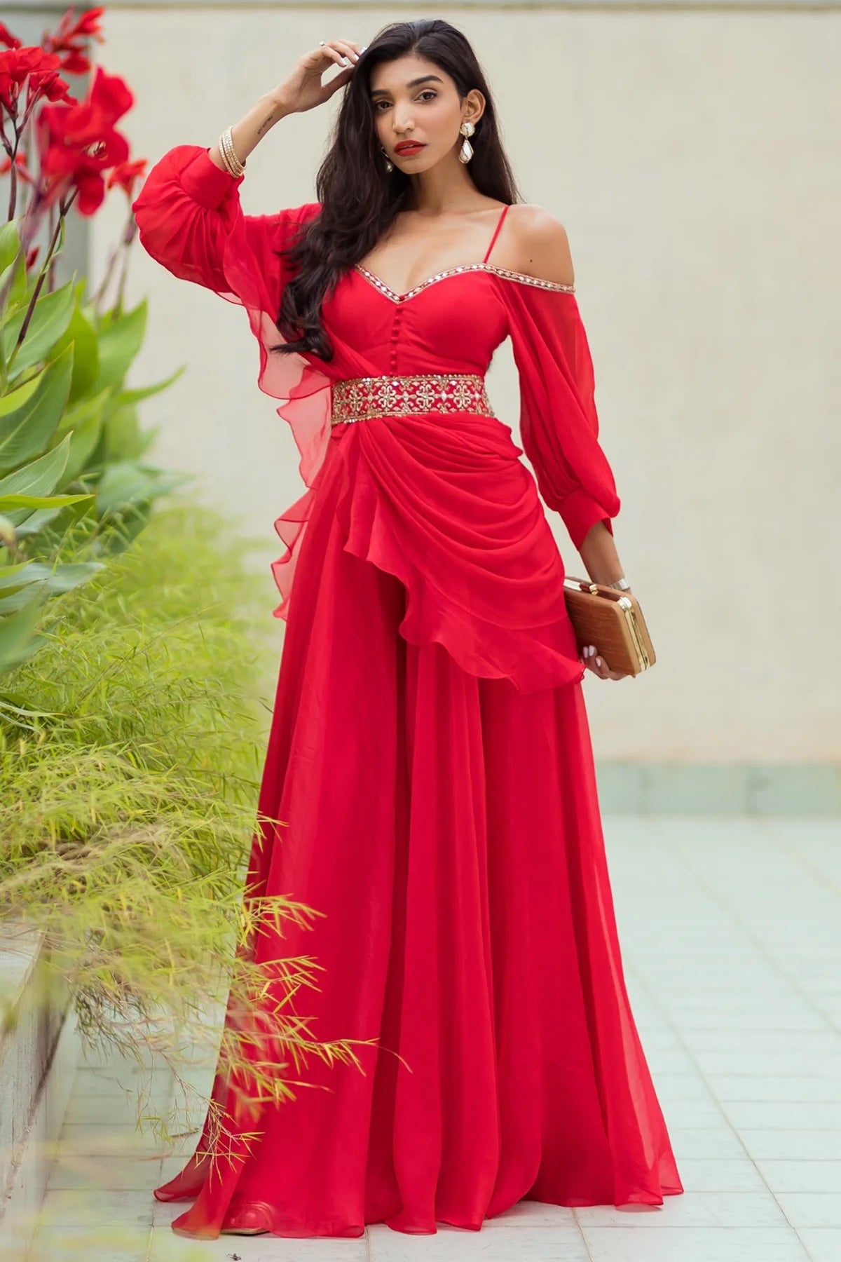 Juhi Godambe in Poppy Red Chiffon-Organza Jumpsuit & Dupatta with Embroidered Belt