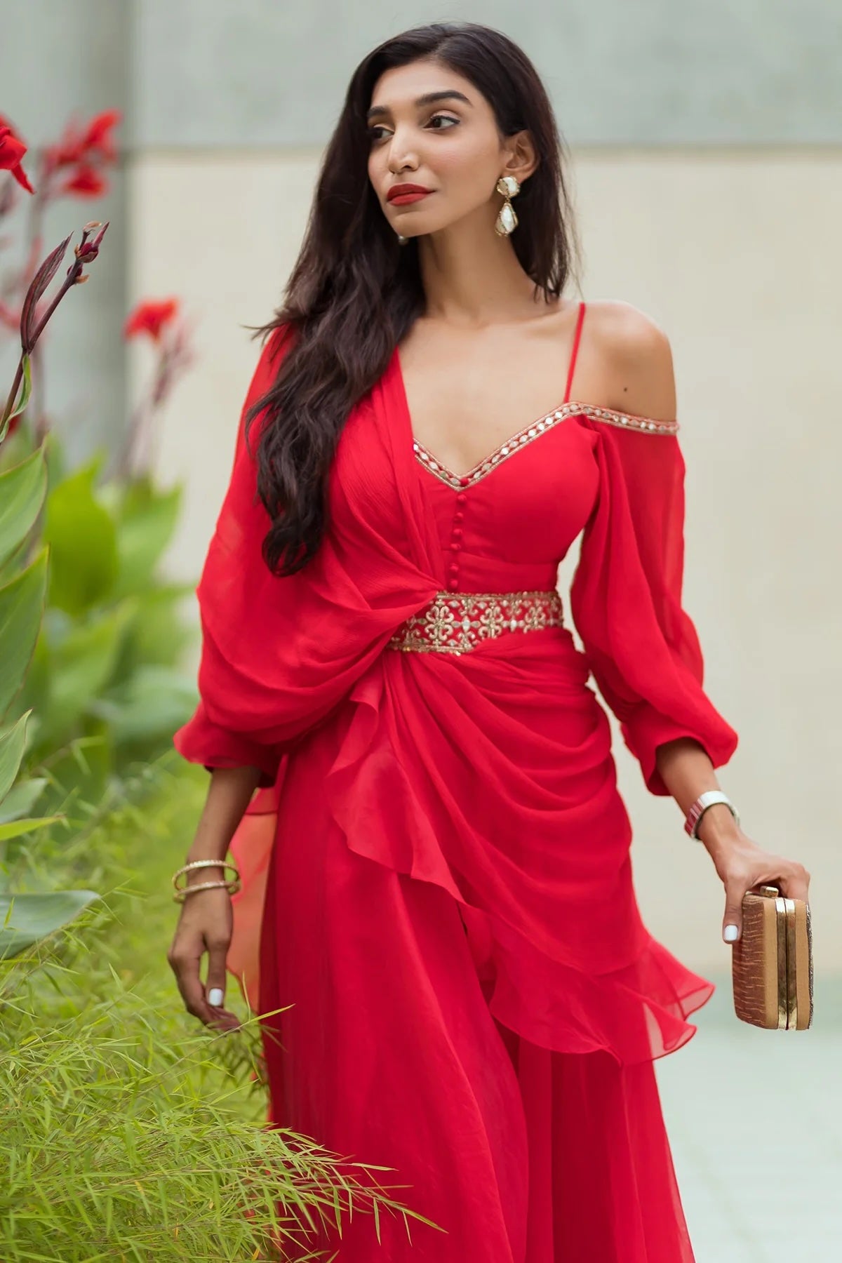 Juhi Godambe in Poppy Red Chiffon-Organza Jumpsuit & Dupatta with Embroidered Belt