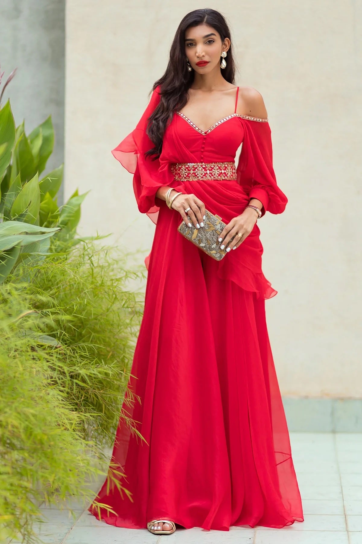 Juhi Godambe in Poppy Red Chiffon-Organza Jumpsuit & Dupatta with Embroidered Belt