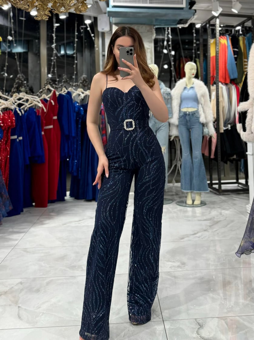 Voleri Belted Glittery Patterned Navy Blue Jumpsuit