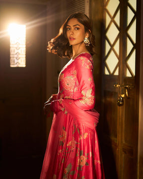 Mrunal Thakur - Pink Anarkali Chiniya Silk Blooming Floral V-Neck with Dupatta