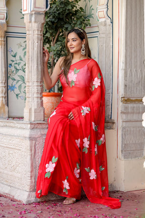 Scarlet Artistry Bold Scarlet Red Chiffon Saree for Special Occasions