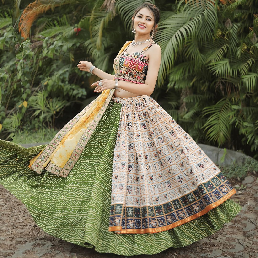 Elegant Bandhej Patola Foil Print Lehenga Choli: Fully Stitched for Effortless Style