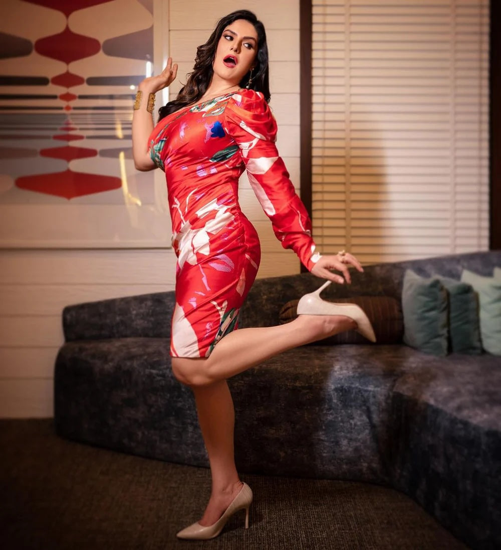 Zareen Khan in Tropical Red Dress – Rim Zim Fashion